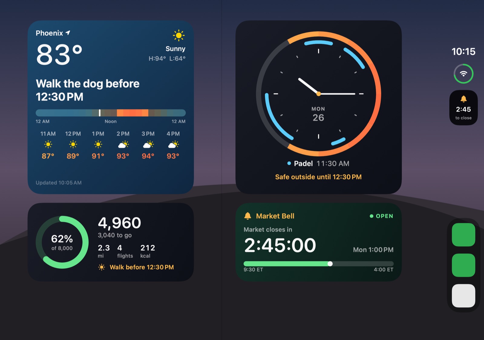 The open iPhone Duo with four widgets: weather that says when to walk the dog, a 12-hour clock dial with events and hot hours, a steps ring, and a stock market countdown.