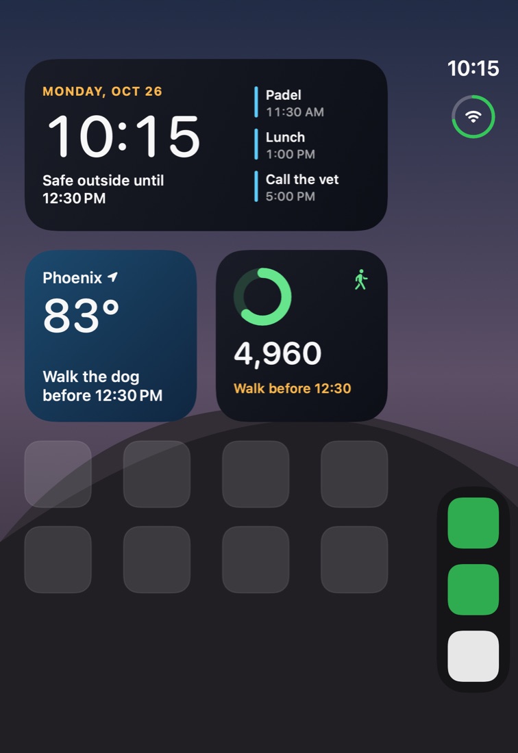 The closed iPhone Duo outer screen with a large clock, the weather, and a steps card.